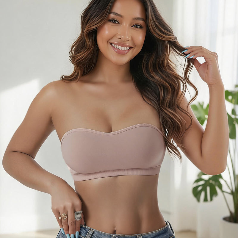 Strapless side hook bandeau bra, taupe seamless padded tube style