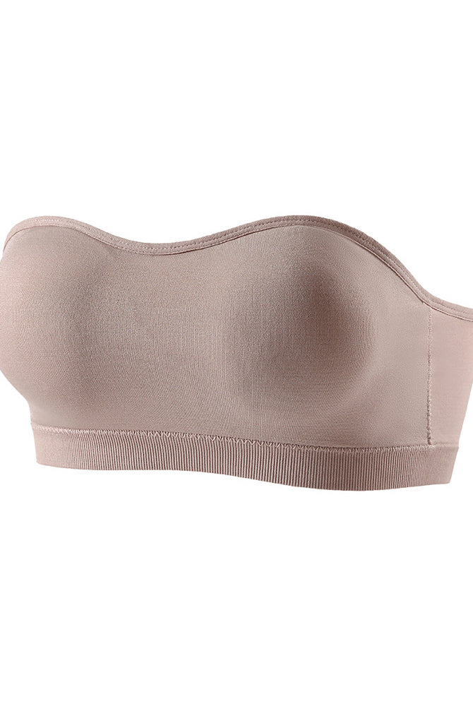 Strapless bandeau bra, taupe smooth side view with wide ribbed underband