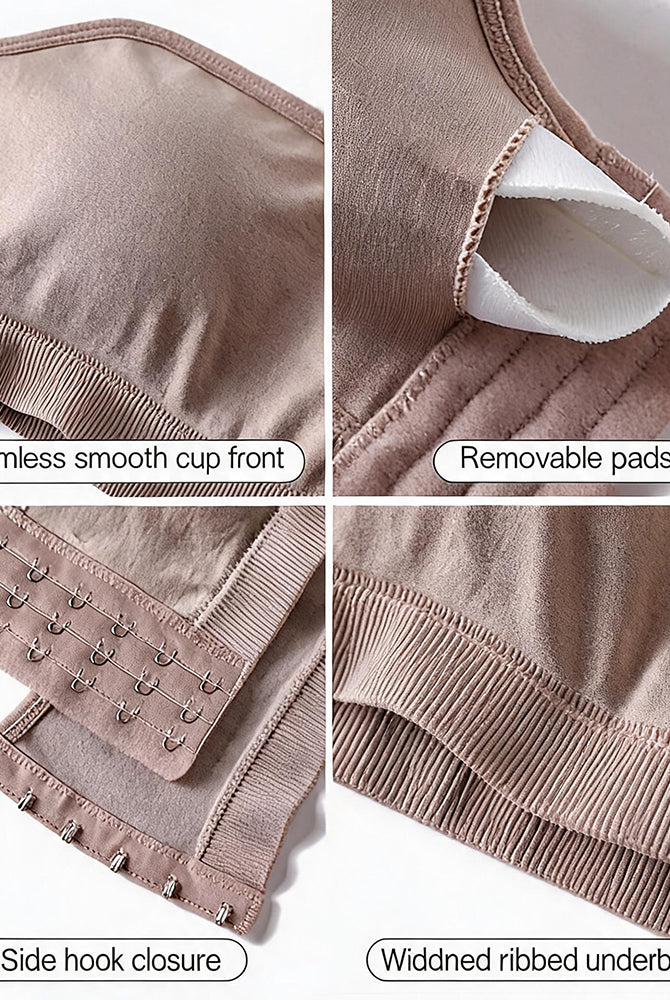 Strapless bandeau bra, taupe seamless cup with side hook closure and wide ribbed band