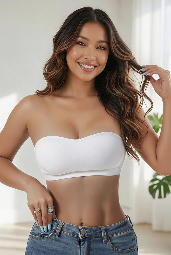 Strapless side hook bandeau bra, white seamless padded tube style