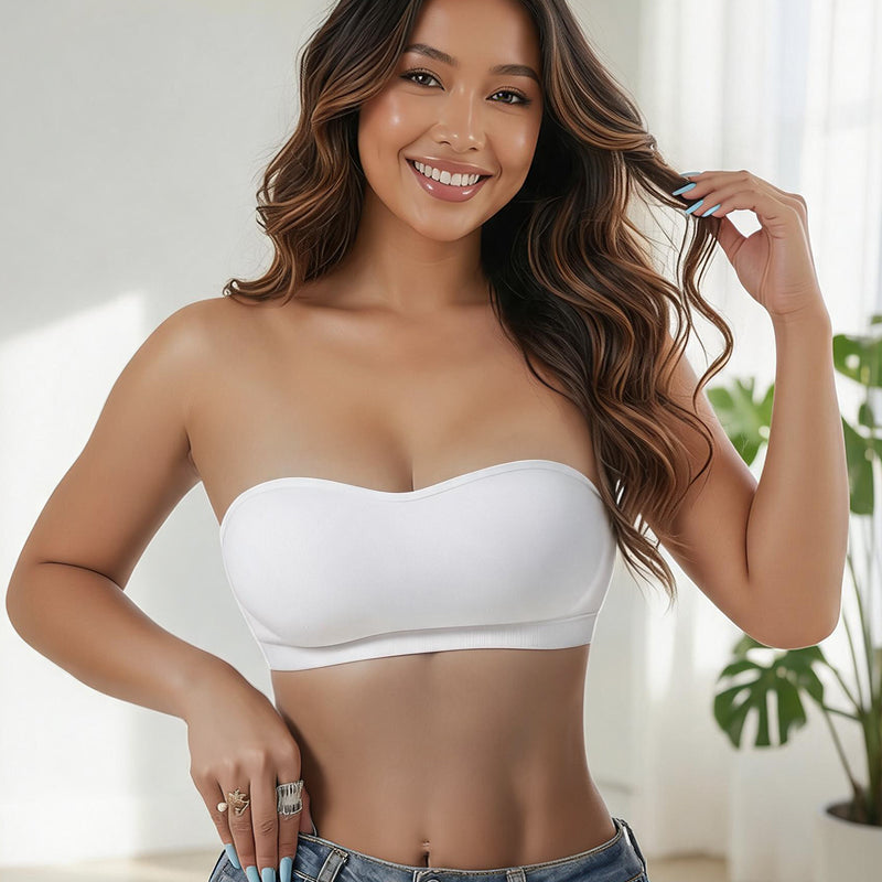 Strapless side hook bandeau bra, white seamless padded tube style