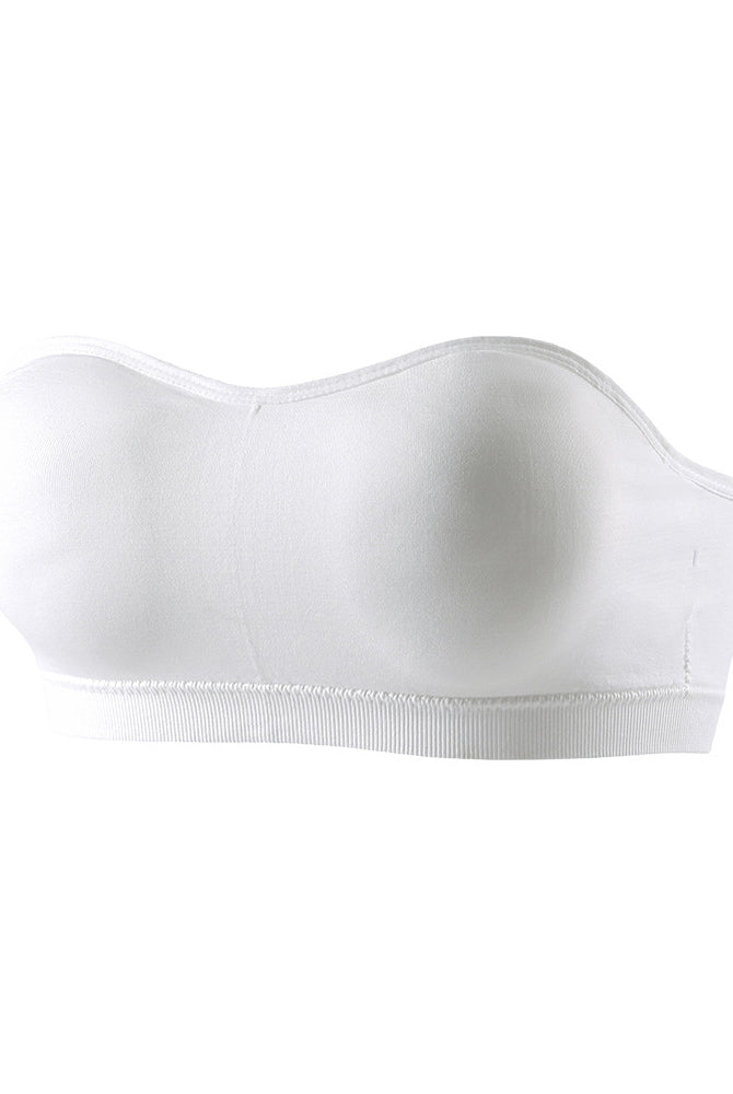 Strapless bandeau bra, white smooth side view with wide ribbed underband