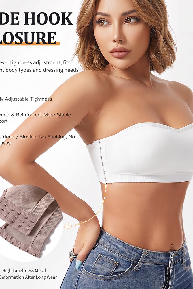 Strapless side hook bandeau bra, white with side closure detail on the band