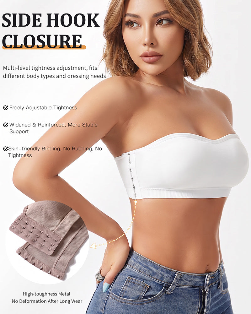 Strapless side hook bandeau bra, white with side closure detail on the band