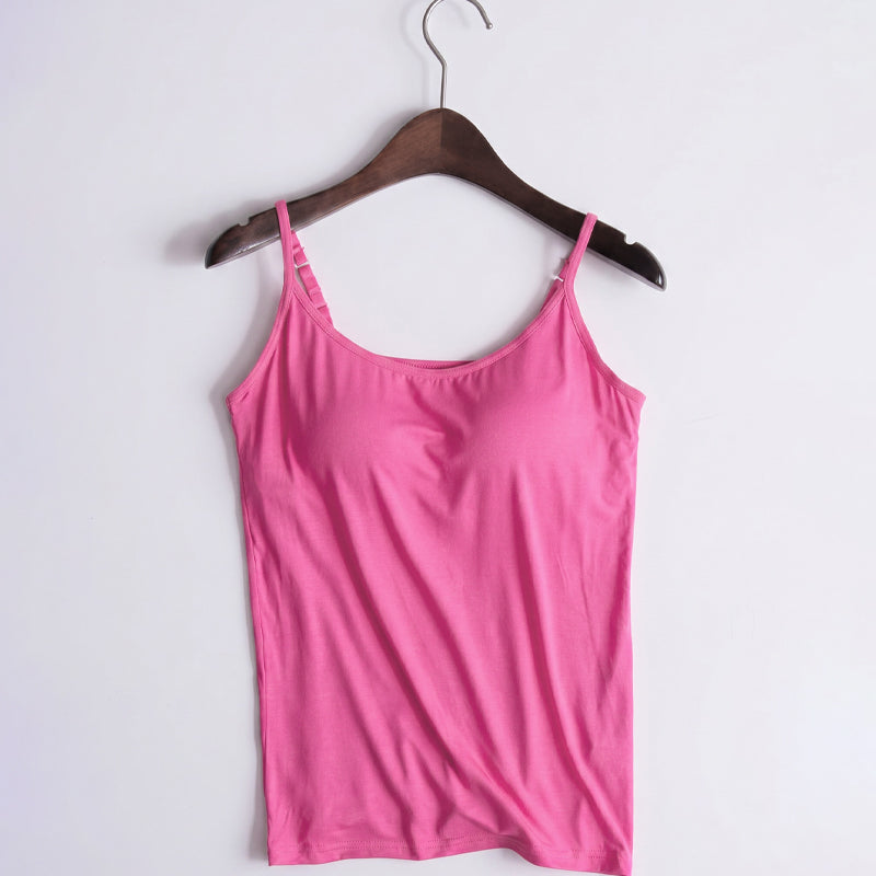 Pink built-in bra spaghetti strap tank top on wooden hanger