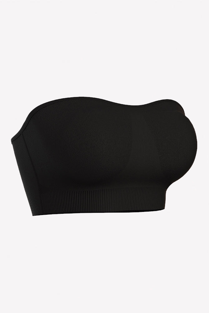 Black strapless bandeau bra with padded cups and ribbed bottom band