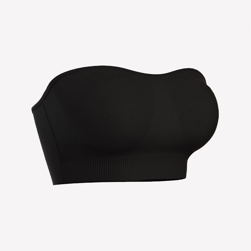 Black strapless bandeau bra with padded cups and ribbed bottom band