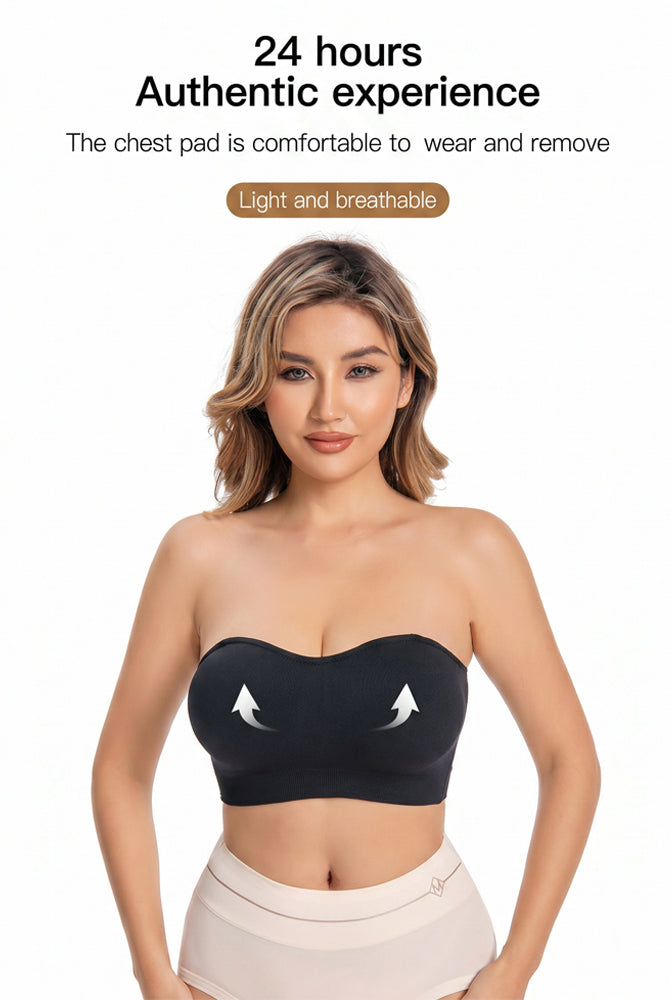 Black strapless bandeau bra worn, featuring smooth padded cups