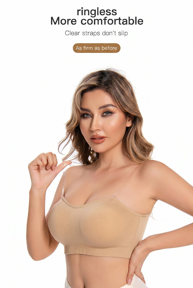 Skin-toned strapless bandeau bra worn, featuring smooth padded cups