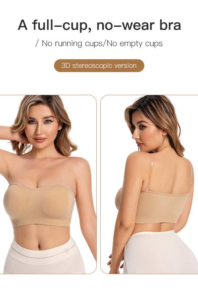 Beige strapless bandeau bra worn front and back view with thin straps