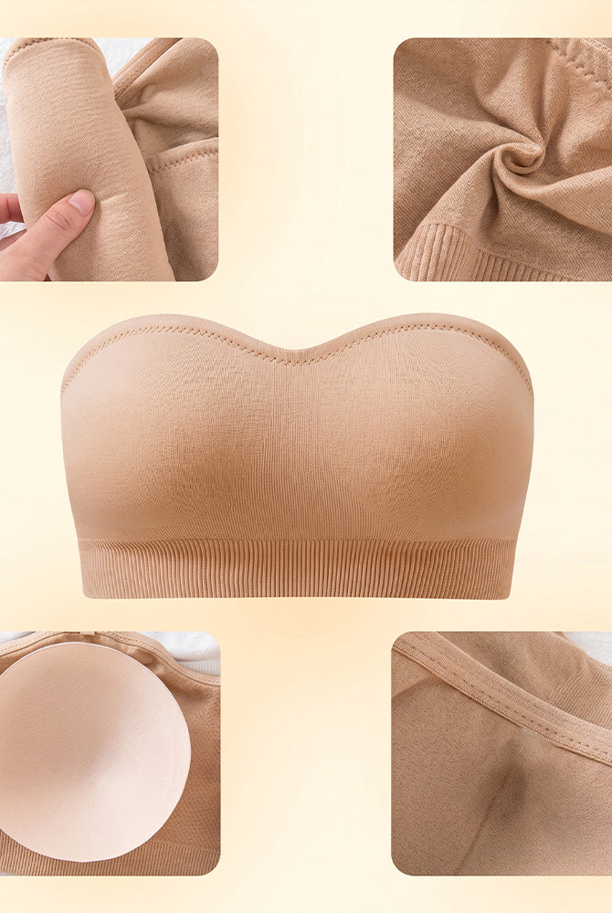 Skin-tone strapless bandeau bra with removable pads, close-up of inner cup