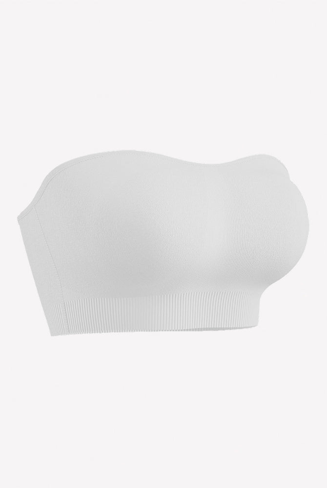 White strapless bandeau bra with padded cups and ribbed bottom band