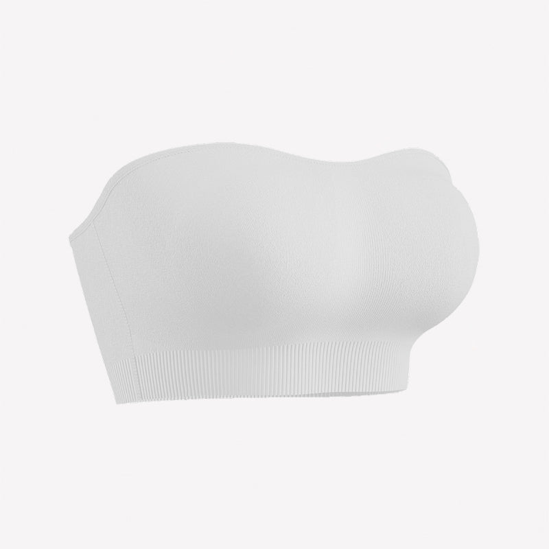 White strapless bandeau bra with padded cups and ribbed bottom band