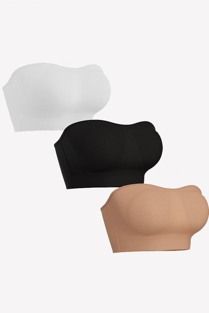 3-pack strapless bandeau bras in white, black, and skin tones