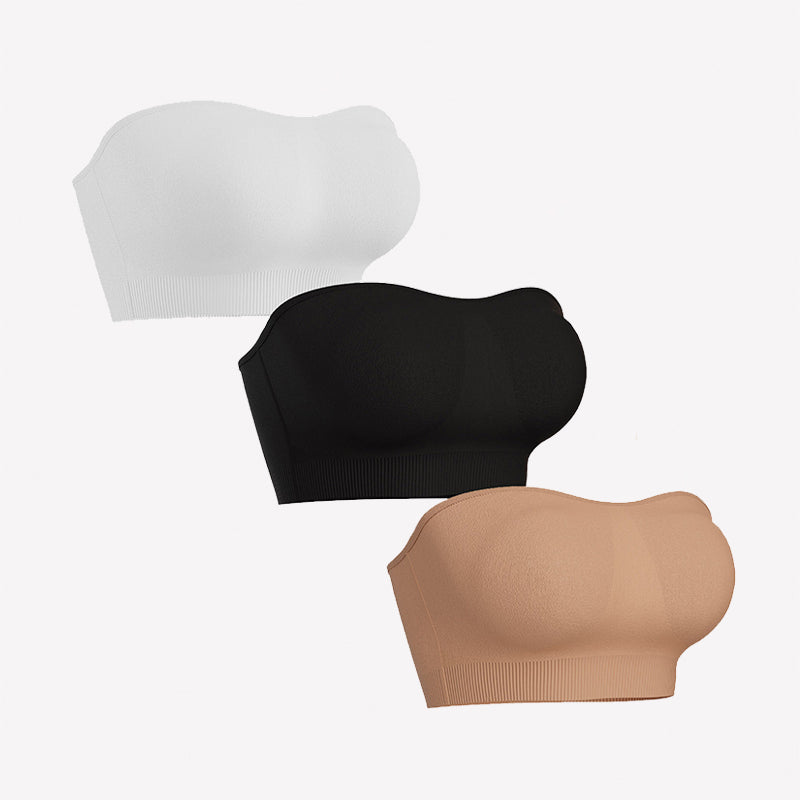 3-pack strapless bandeau bras in white, black, and skin tones