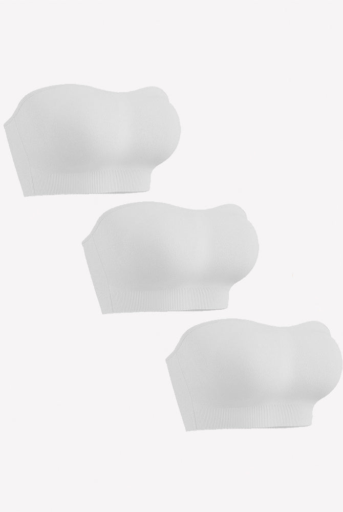3-pack white strapless bandeau bras with padded cups and ribbed bottom band