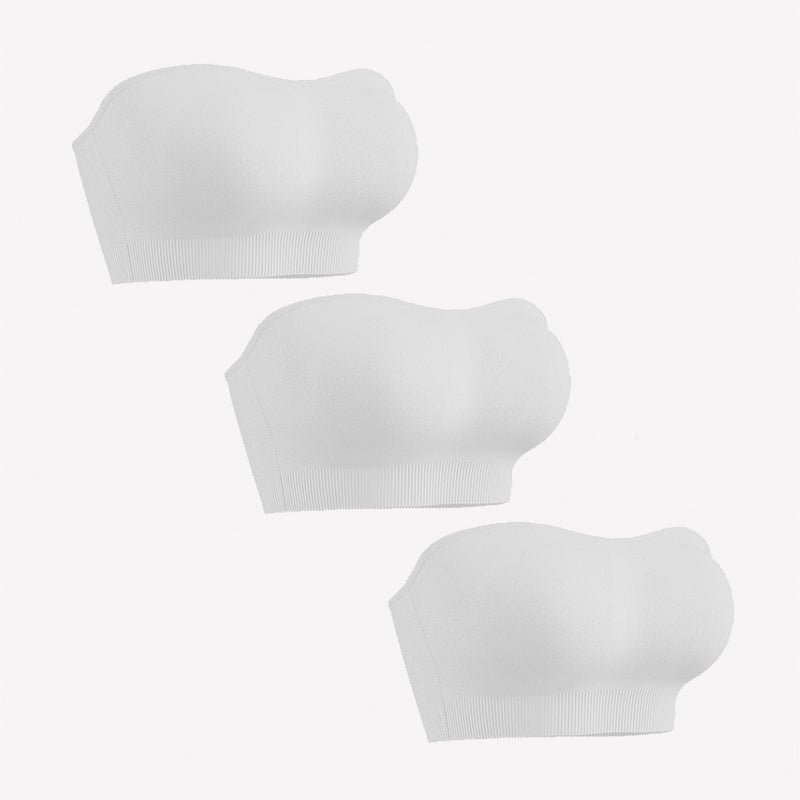 3-pack white strapless bandeau bras with padded cups and ribbed bottom band