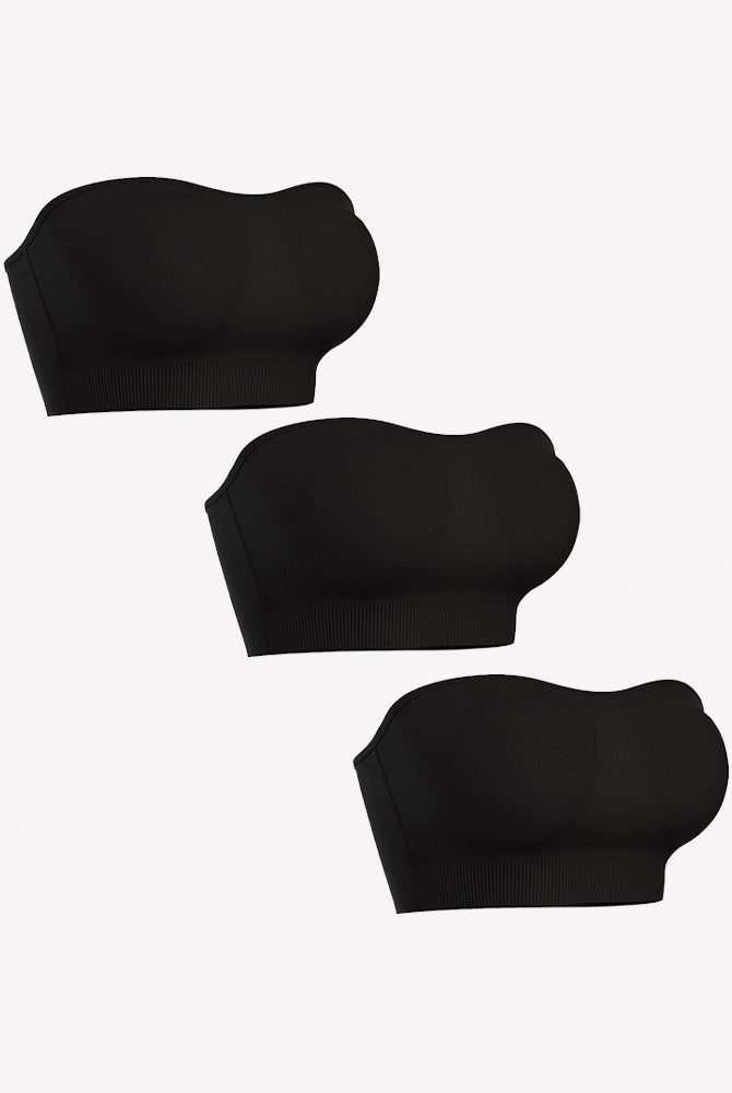 3-pack black strapless bandeau bras with padded cups and ribbed bottom band