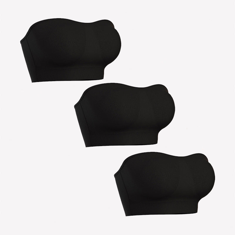 3-pack black strapless bandeau bras with padded cups and ribbed bottom band