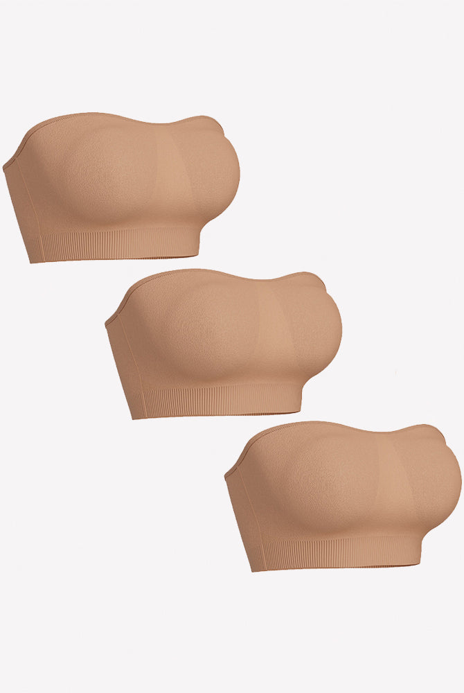 3-pack skin-toned strapless bandeau bras with padded cups and ribbed bottom band