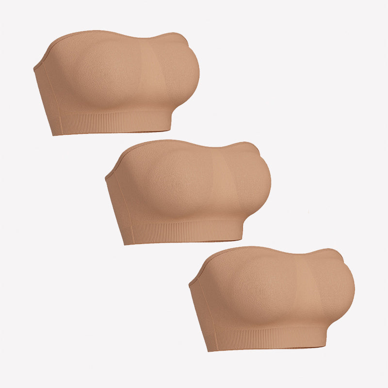 3-pack skin-toned strapless bandeau bras with padded cups and ribbed bottom band