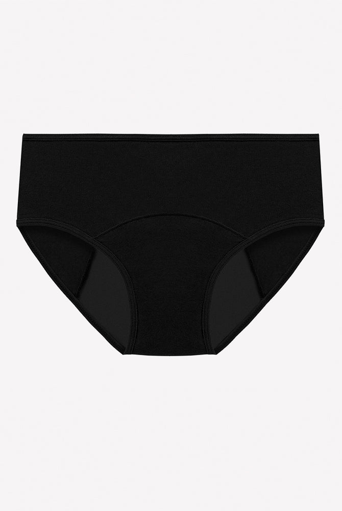 High-waist leakproof period panties in black, full coverage brief with curved front seam