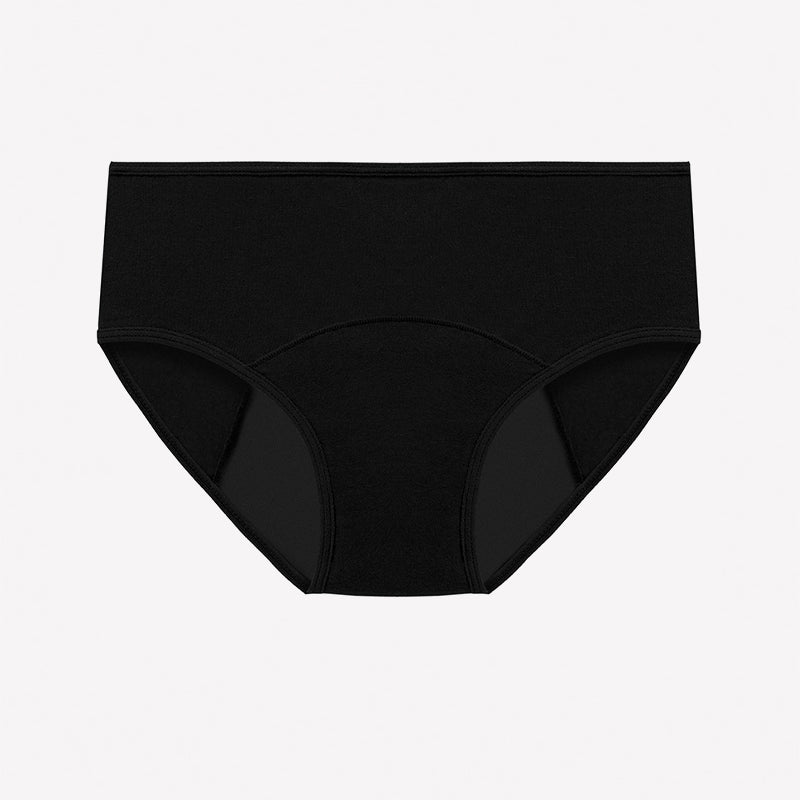 High-waist leakproof period panties in black, full coverage brief with curved front seam