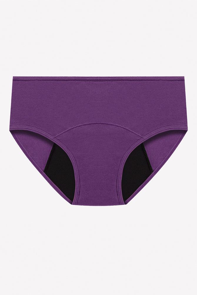High-waist leakproof period panties, purple with black inner lining and curved seaming
