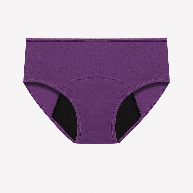 High-waist leakproof period panties, purple with black inner lining and curved seaming