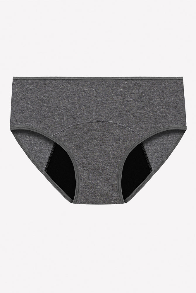 High-waist leakproof period panties, grey with black inner lining and curved seaming