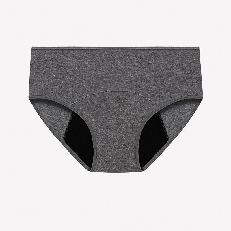 High-waist leakproof period panties, grey with black inner lining and curved seaming