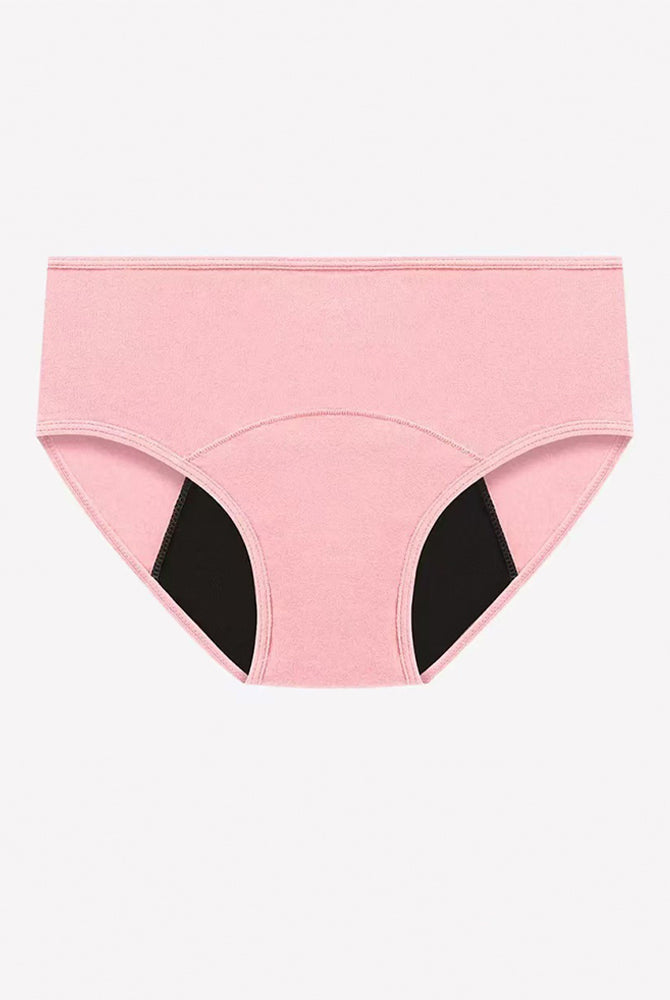 High-waist leakproof period panties, pink with black inner lining and curved front seam