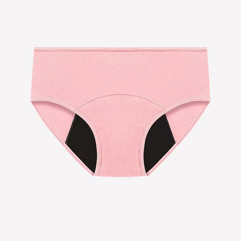 High-waist leakproof period panties, pink with black inner lining and curved front seam