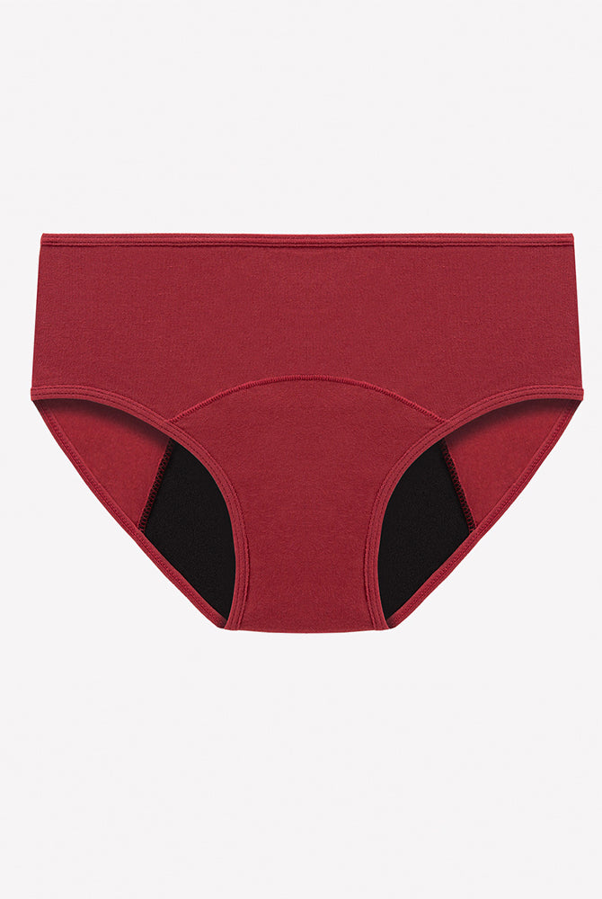 High-waist leakproof period panties, wine red with black inner lining and curved seaming