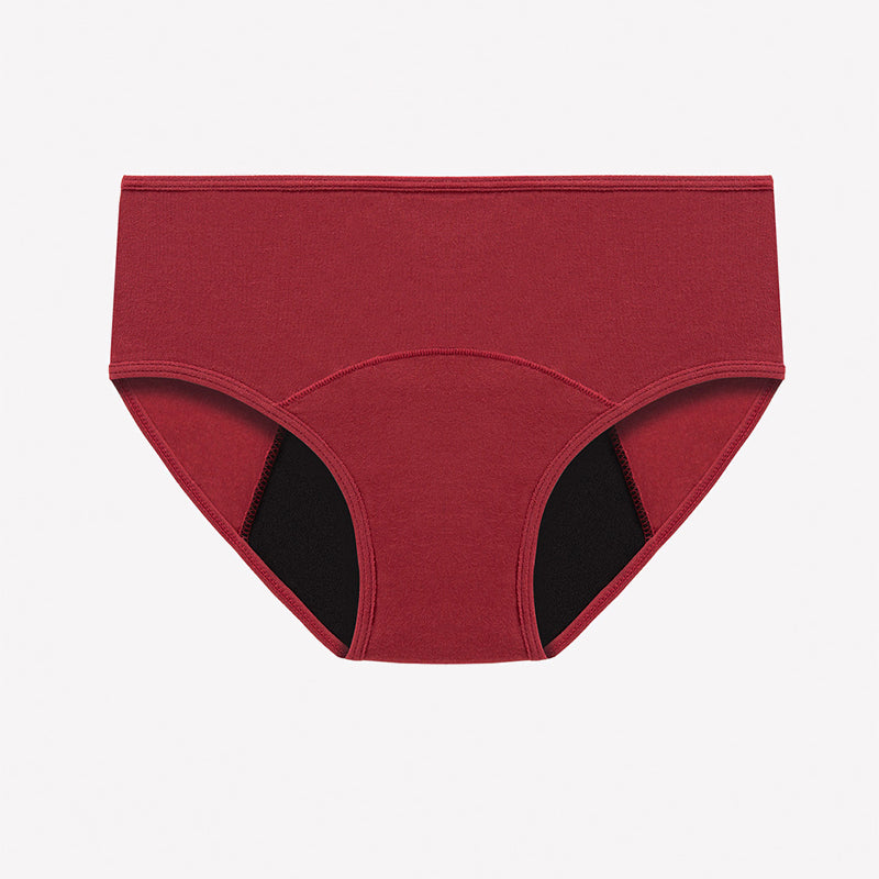 High-waist leakproof period panties, wine red with black inner lining and curved seaming