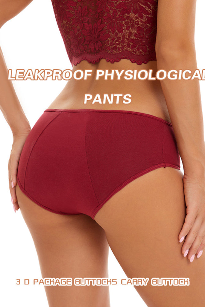 High-waist leakproof period panties in wine red, back view on model