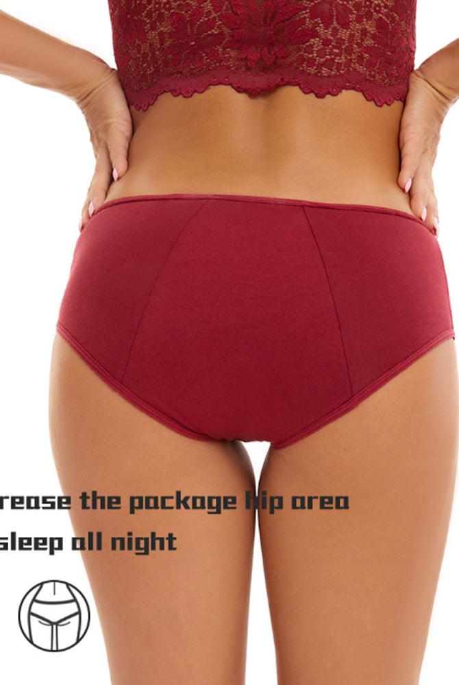 High-waist leakproof period panties in wine red, back view with hands at waistband