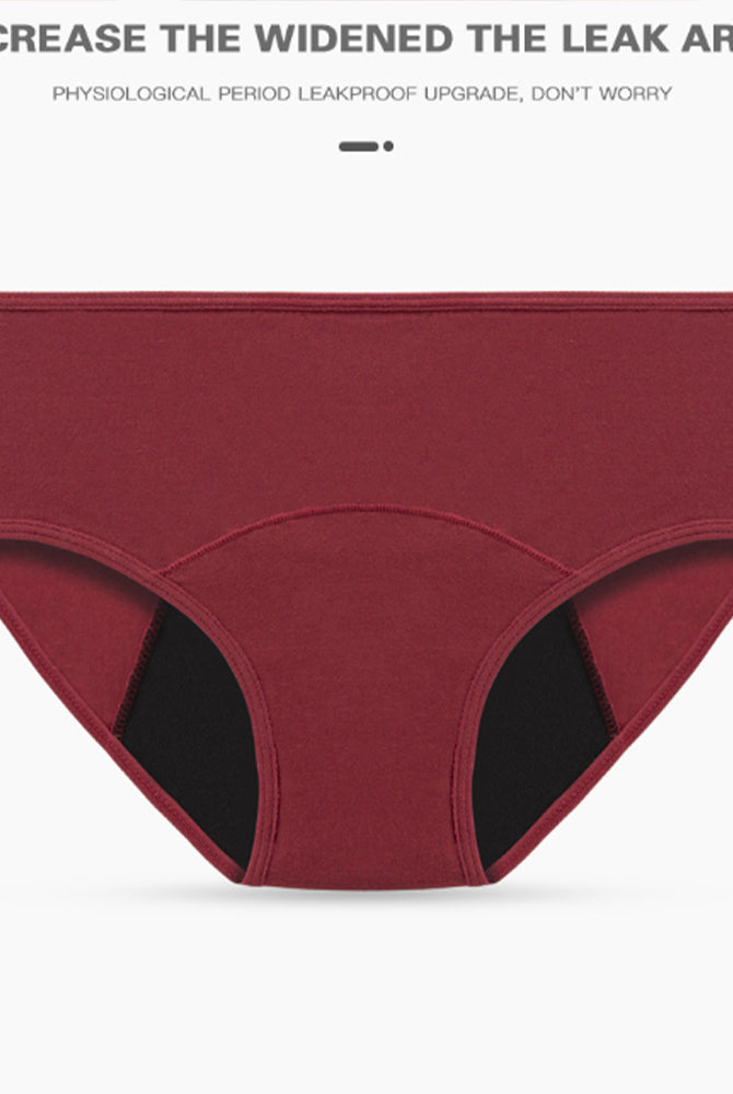 High-waist leakproof period panties, wine red with black gusset panels