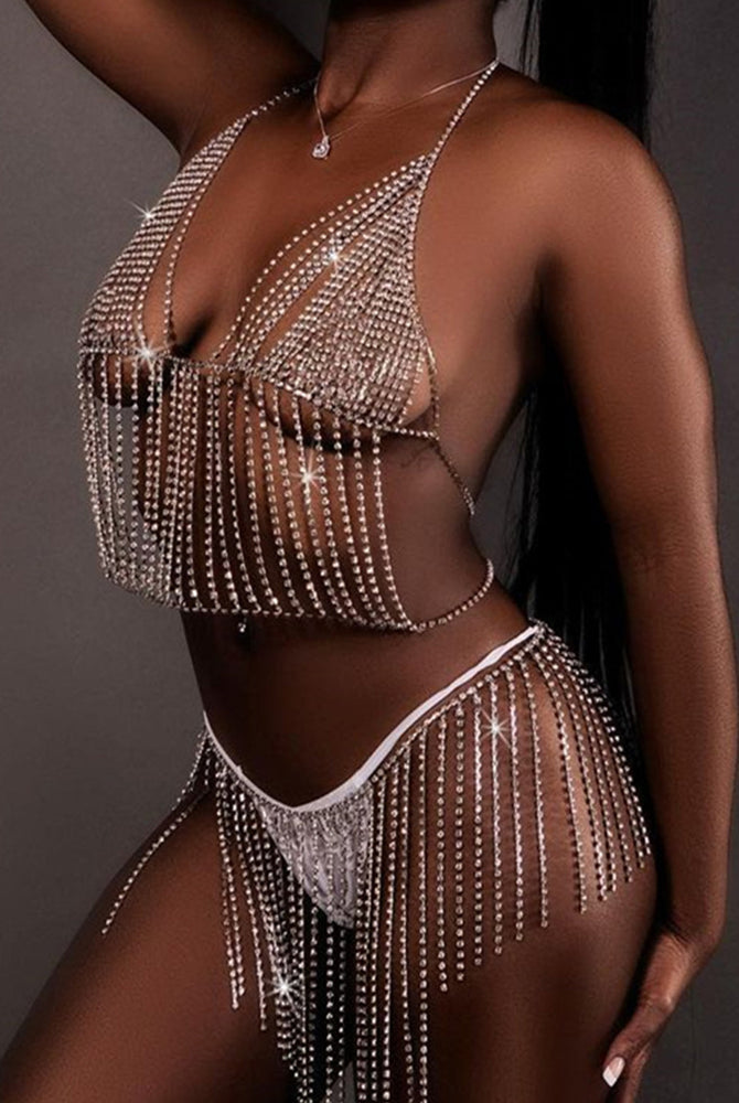 Silver rhinestone halter crop top and mini skirt with long dangling fringe details
