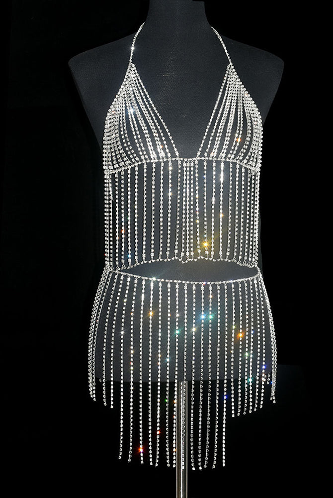 Silver rhinestone halter crop top and mini skirt with dangling vertical fringe