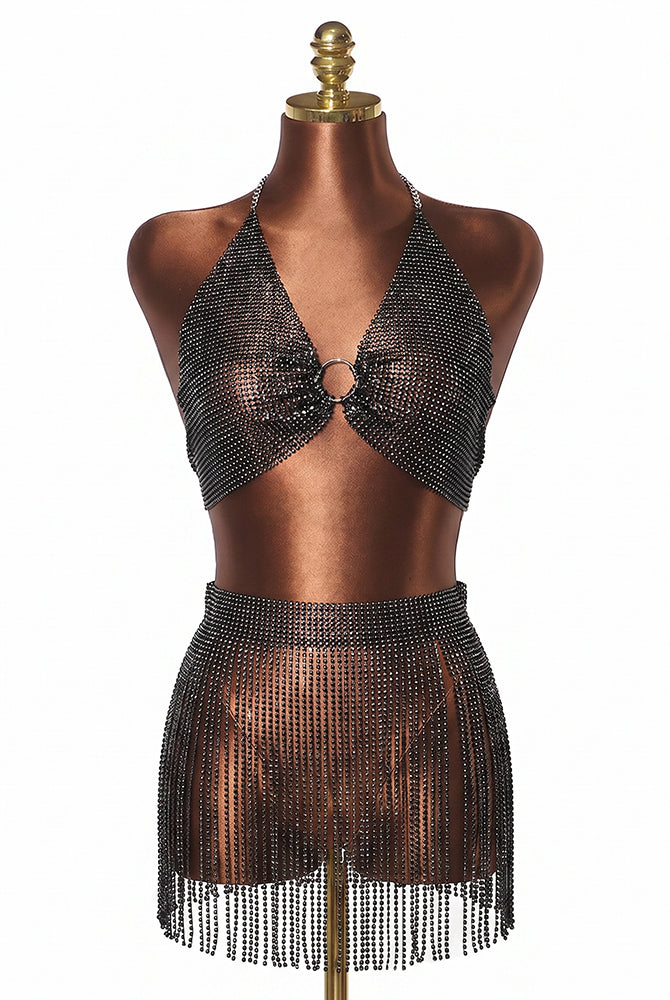Rhinestone fringe lingerie set on mannequin: O-ring halter crop top and mini skirt, black