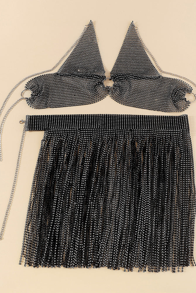 Rhinestone halter bikini-style top and tassel mini skirt set, silver chain fringe