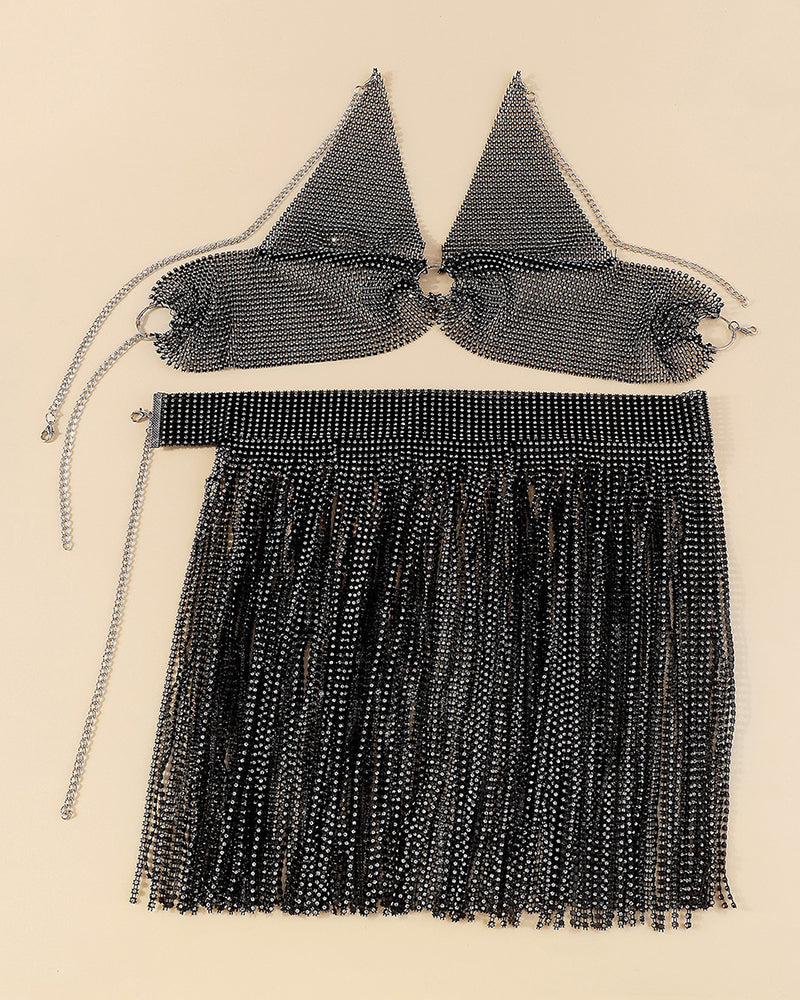Black rhinestone halter bra top with O-ring and matching rhinestone fringe mini skirt set