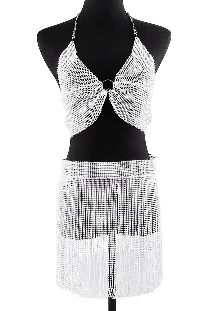 Rhinestone halter lingerie set on mannequin: O-ring crop top and fringe mini skirt, white