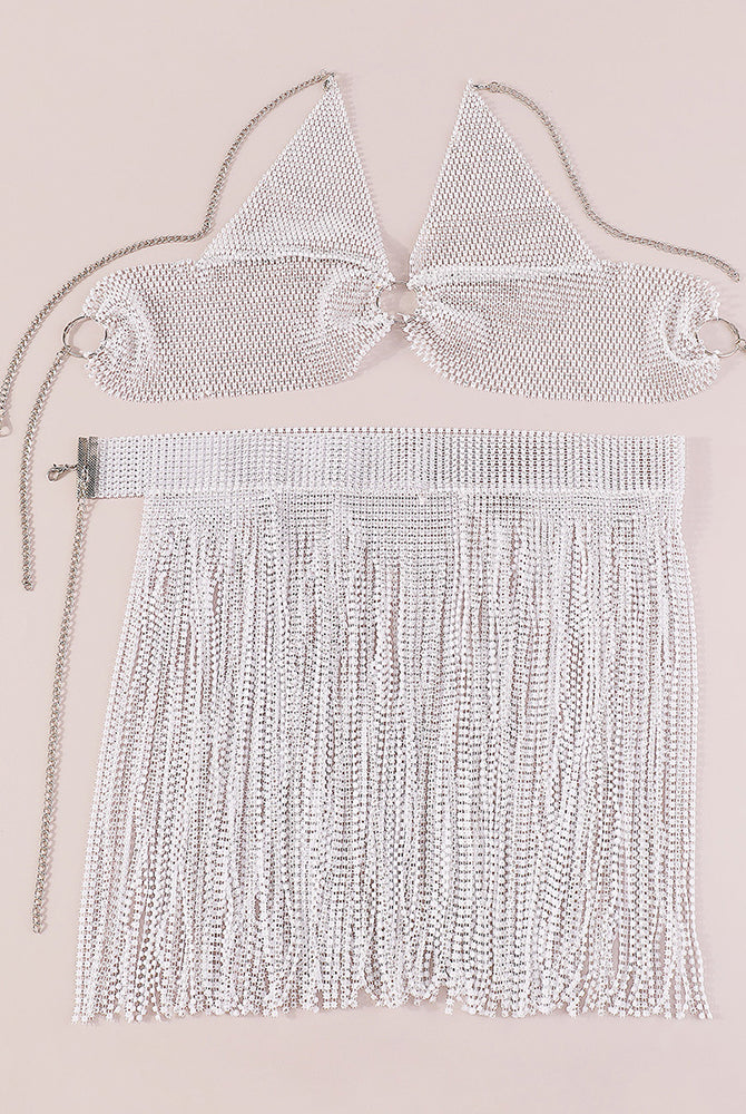 Rhinestone halter crop top and tassel mini skirt set, white with chain straps