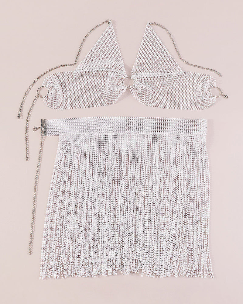 White rhinestone halter bra with O-ring detail and matching rhinestone fringe mini skirt set