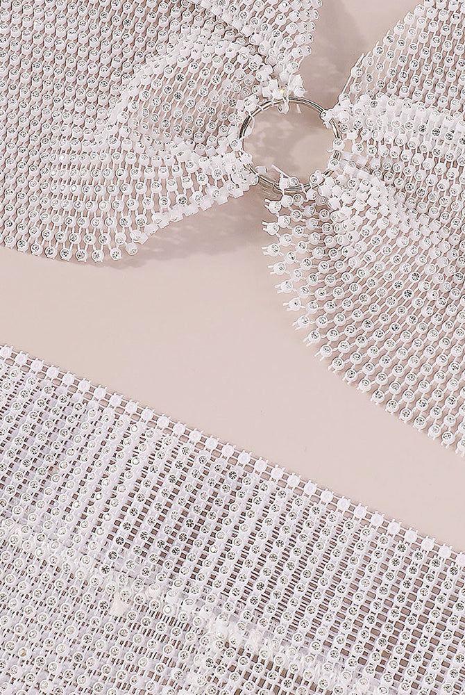 Close-up of rhinestone mesh fringe lingerie, white O-ring halter crop details