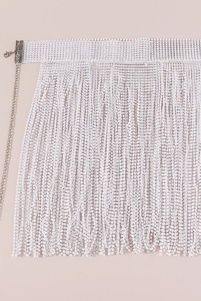 White rhinestone fringe mini skirt with dangling tassels and chain side detail
