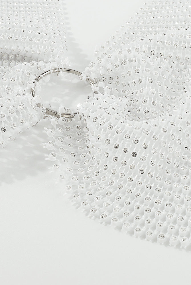 White rhinestone halter crop top with O-ring at neckline