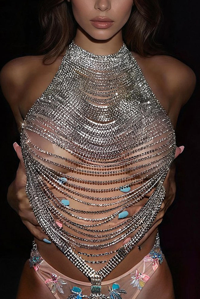Silver rhinestone halter top with layered chain fringe and sparkly draped rows